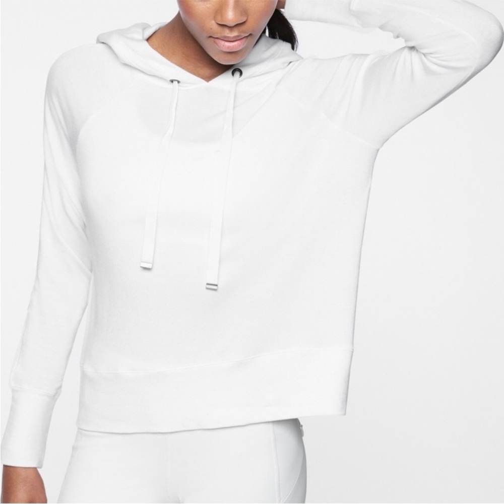 Athleta‎ Open Hearted White Hooded Sweatshirt Mesh Stripe Detail Size Small